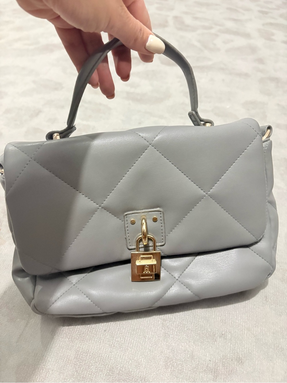 Steve Madden Quilted Top-Handle Satchel in Light Gray with Gold Lock